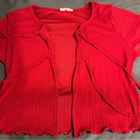 Red Ribbed Tie-Front Top - Picture 3 of 3